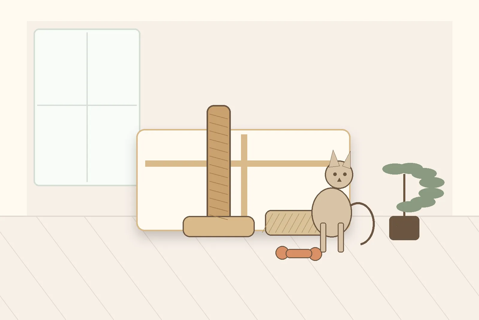 cat scratching post and pad in a tidy living room corner