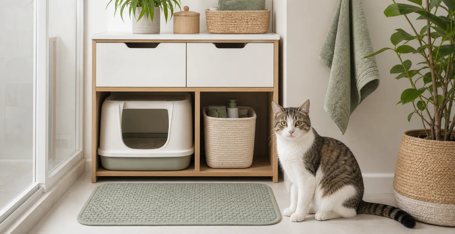 pet cat near a tidy litter station in a bright apartment utility nook