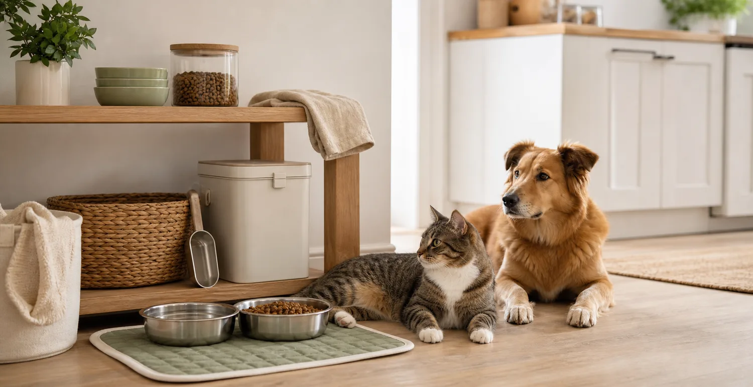 pet feeding station with simple bowls, mat, and food storage in a bright kitchen