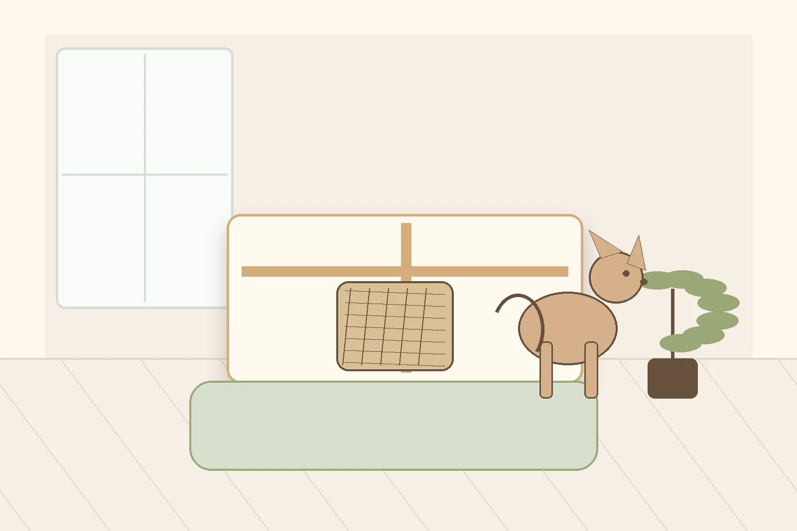 dog toy basket with a small rotating selection of toys in a calm living room
