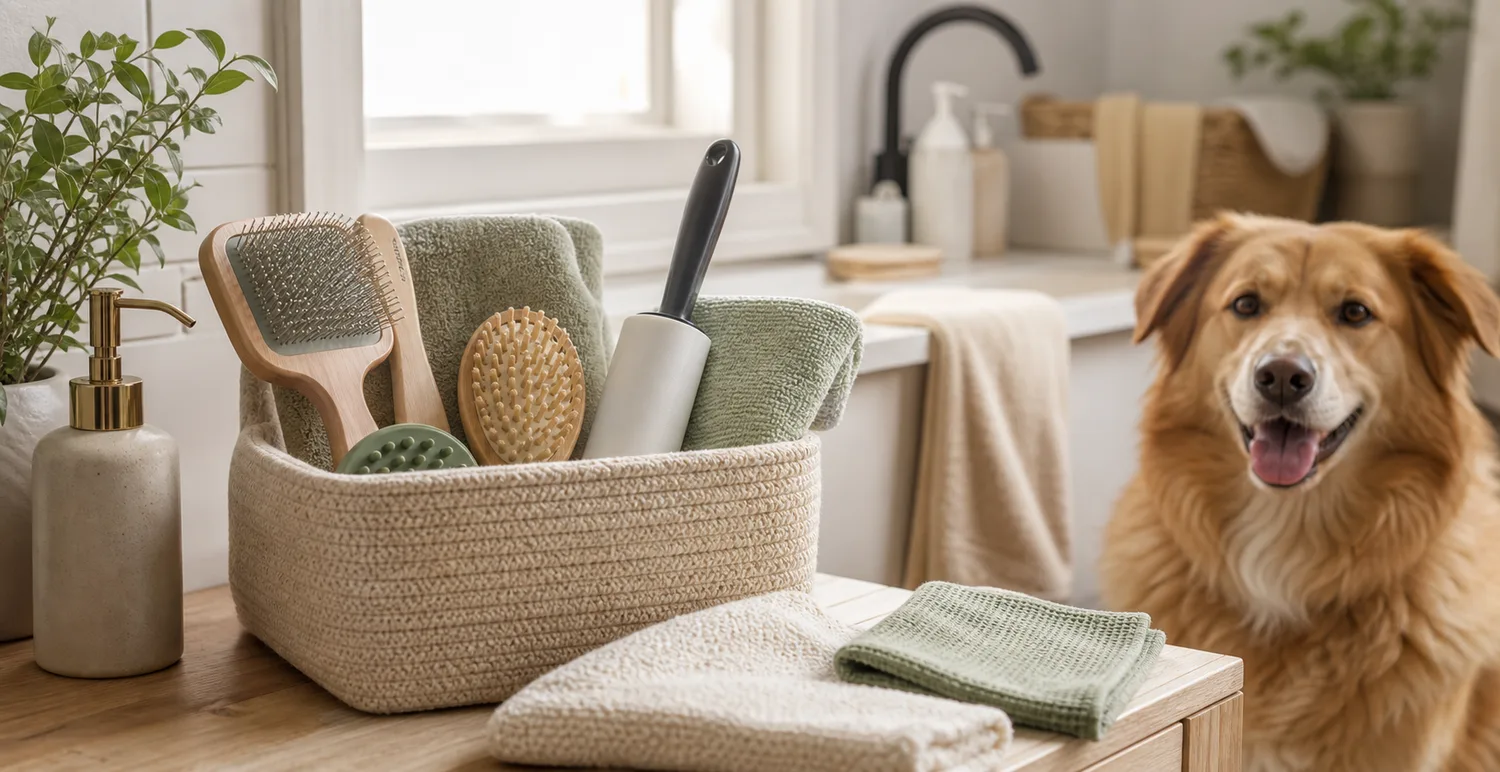 pet grooming caddy with brushes, towel, and tidy cleanup tools