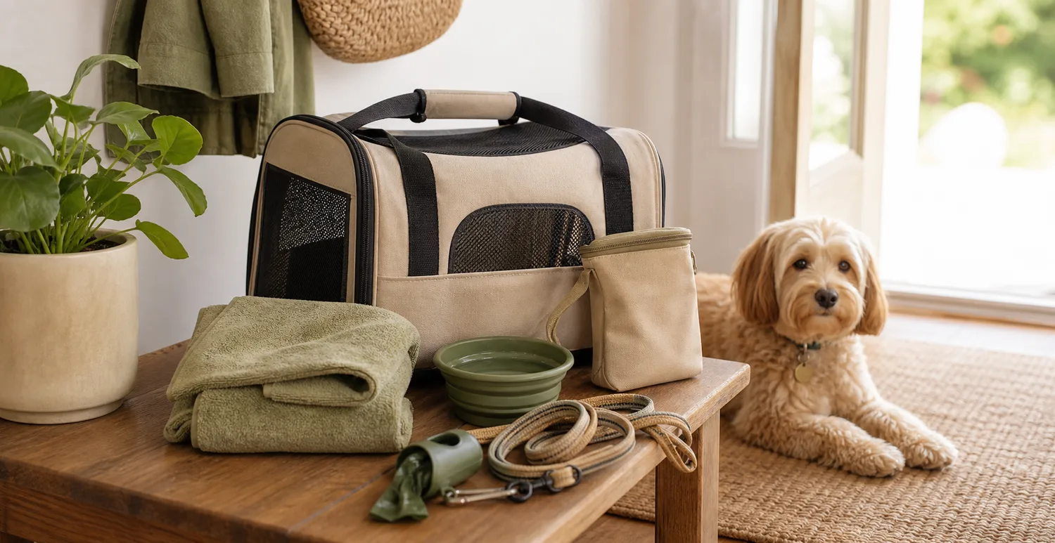 pet travel kit with carrier, towel, water bowl, and tidy supplies