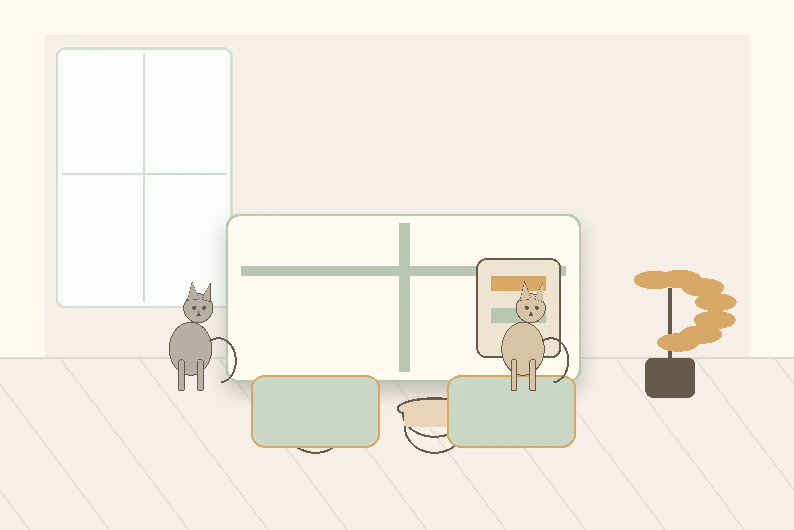 two cat feeding zones separated in a clean kitchen or dining area