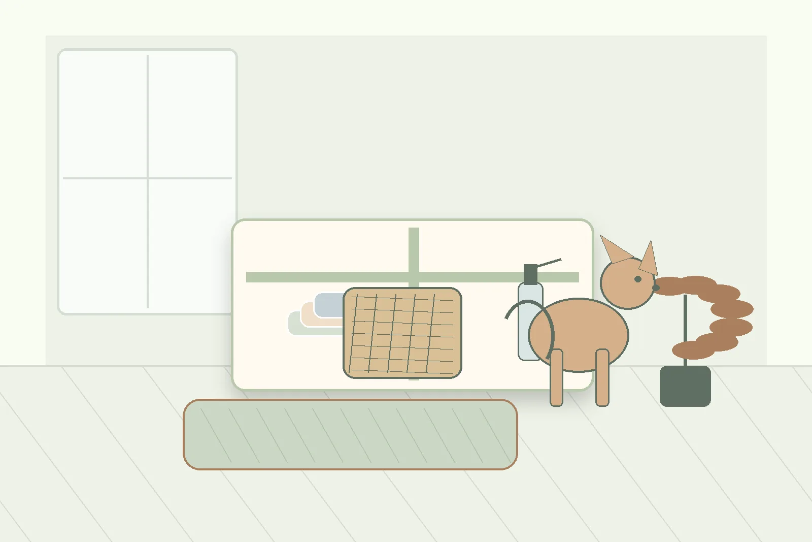 pet-friendly entryway with washable mat, towel basket, and cleanup supplies