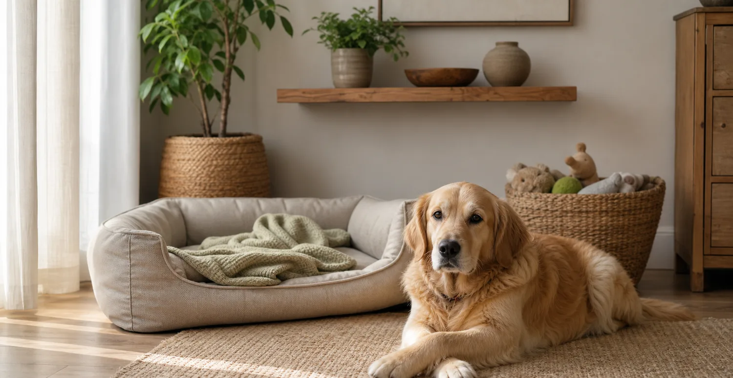 pet dog resting near a quiet washable bed zone in a warm living room
