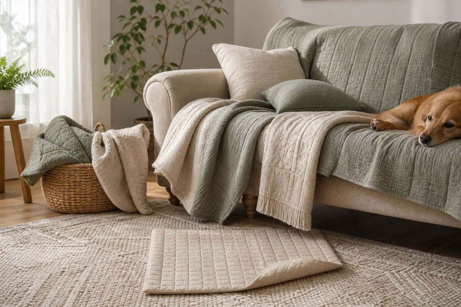 pet-friendly washable home fabrics arranged on a calm sofa and floor