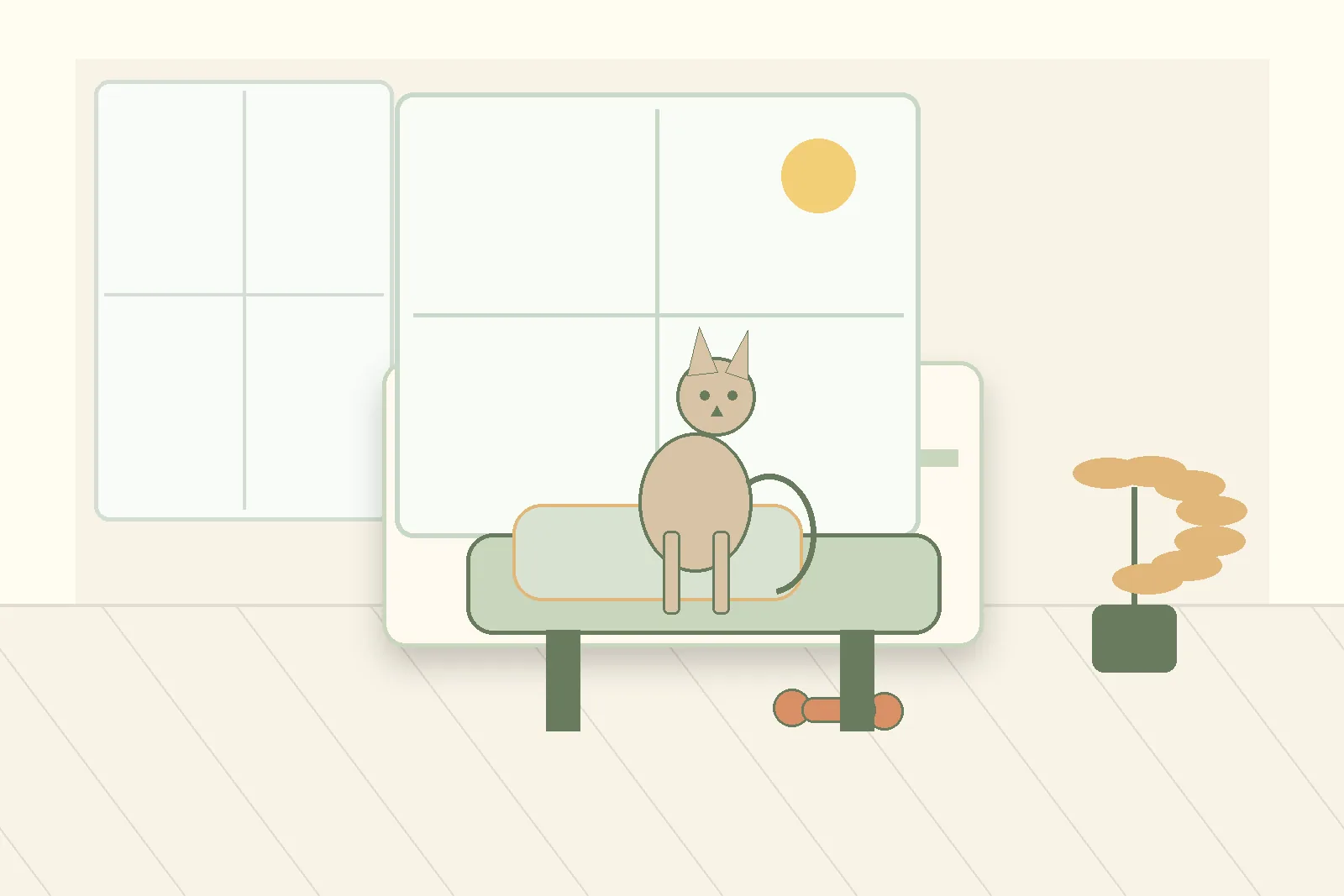 cat resting on a secure window perch with soft light and nearby toys