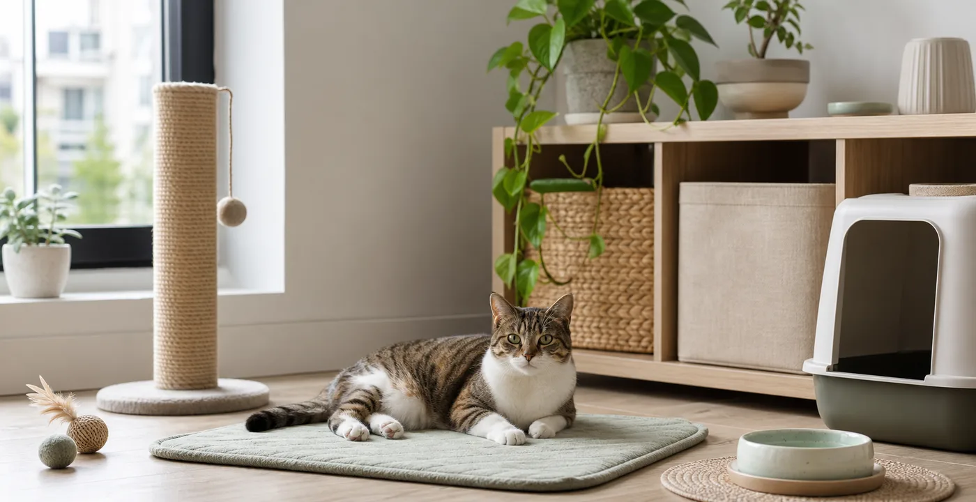 pet cat essentials in a bright apartment corner