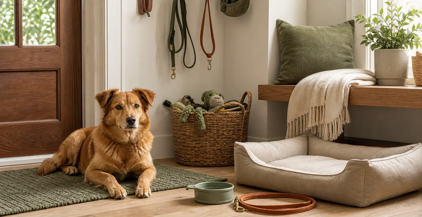 pet dog essentials arranged in a warm entryway