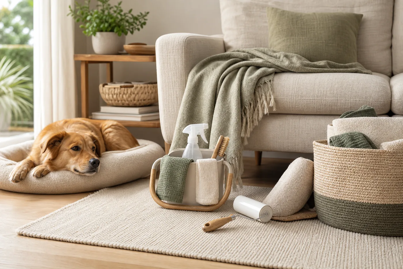 pet home care setup with washable textiles and cleaning tools