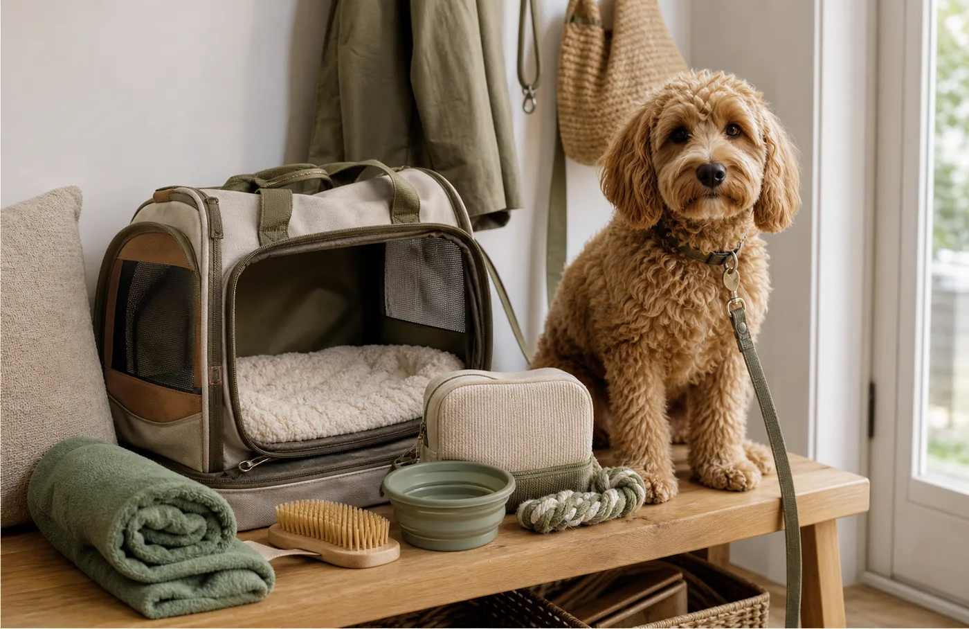 pet travel and grooming kit on a tidy bench