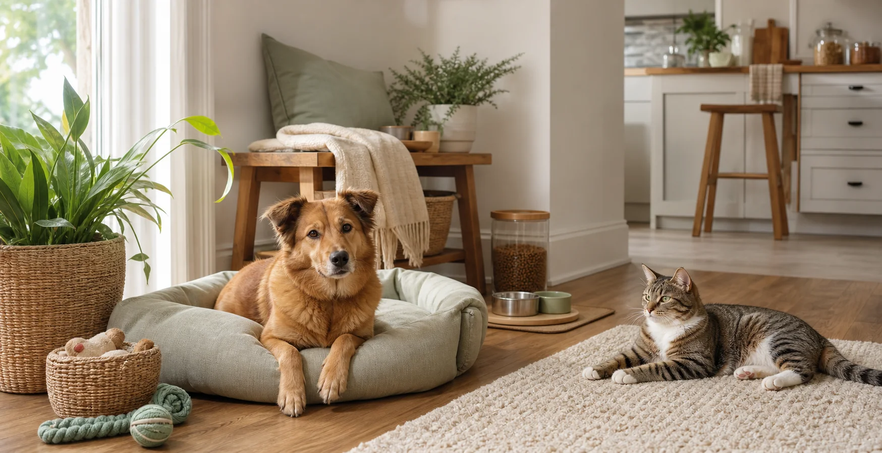 cat and dog in a warm home with practical pet essentials